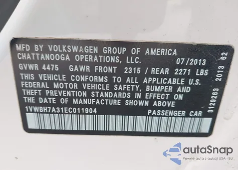 2014 Volkswagen Passat 2.5L Se z USA, uszkodzony, nr VIN 1VWBH7A31EC011904